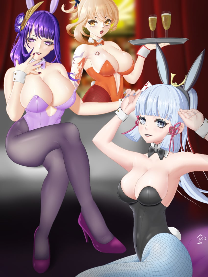 3girls big_breasts black_bunnysuit black_eyes blonde_hair breasts bunny_ears bunny_tail bunnysuit cleavage fake_animal_ears fake_tail female female_only fishnet_legwear fishnets genshin_impact glass hair heels high_heels holding_plate huge_breasts kamisato_ayaka katopan leggings legwear light_blue_hair lips lipstick long_hair mature mature_female mole mole_under_eye multiple_girls nail_polish nails orange_bunnysuit plate ponytail purple_bunnysuit purple_eyes purple_hair raiden_shogun tail wine_glass yellow_eyes yoimiya_(genshin_impact)