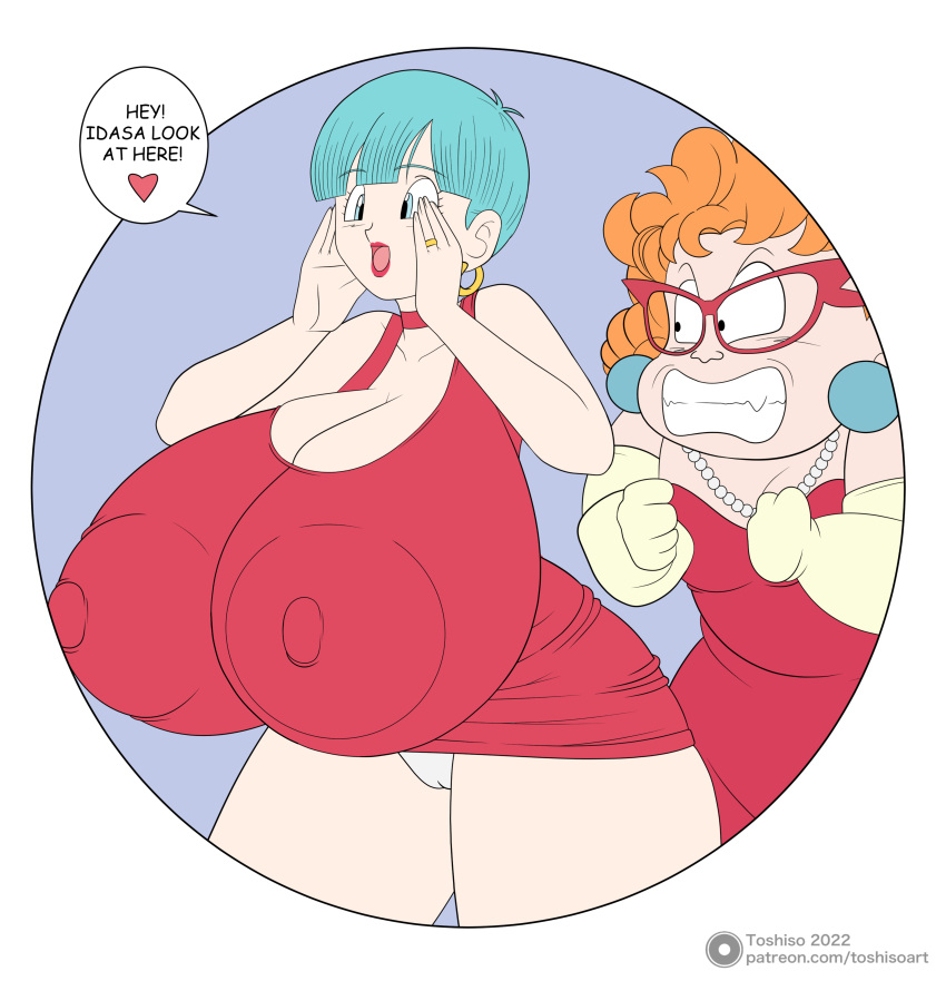 bulma_briefs dragon_ball dragon_ball_z gigantic_breasts idasam tight_clothing tight_dress toshiso visible_panties visible_underwear