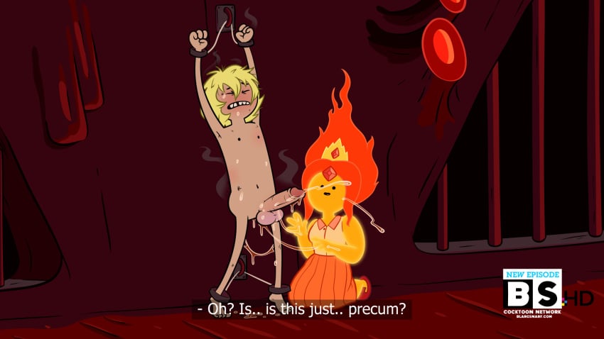 accurate_art_style adventure_time after_handjob blargsnarf cartoon_network clothed clothed_female clothed_female_nude_male crown cum edging english_text femdom finn_the_human flame_princess handcuffed restrained restrained_arms restrained_legs restrained_wrists tease teasing text