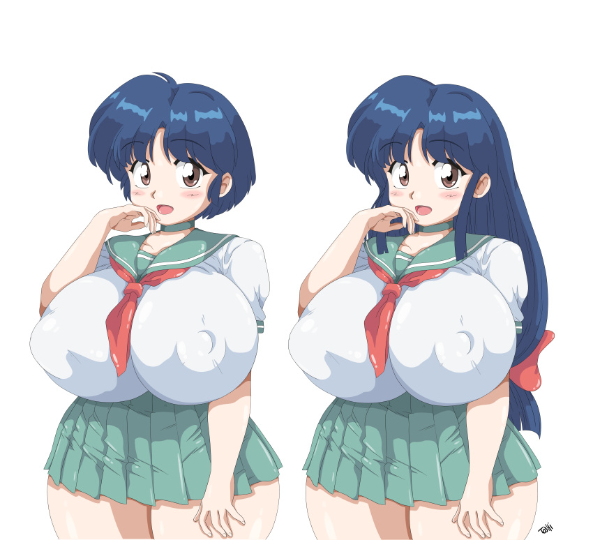 akane_tendo blue_hair bow clothing erect_nipples erect_nipples_under_clothes gigantic_breasts huge_breasts large_breasts ranma_1/2 school_girl school_uniform schoolgirl skirt toshiso