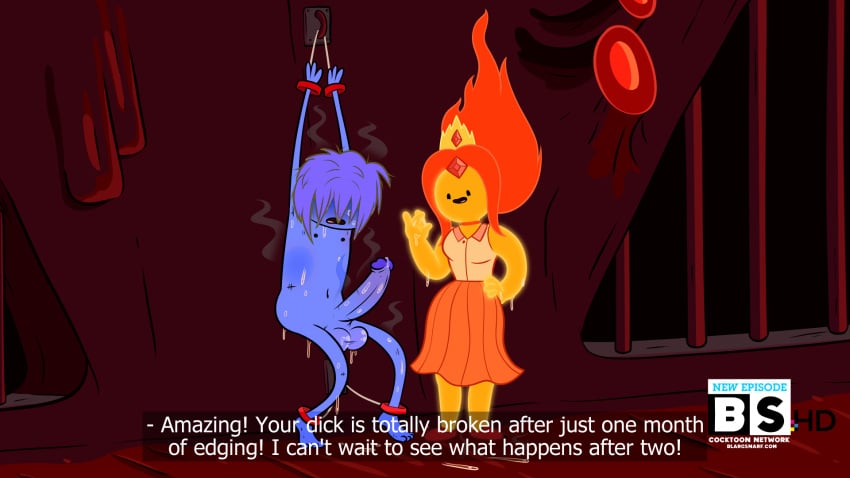 1boy 1girls accurate_art_style adventure_time after_handjob blargsnarf clothed clothed_female clothed_female_nude_male crown english_text femdom finn_the_human flame_princess handcuffed restrained restrained_arms restrained_legs restrained_wrists tease teasing text