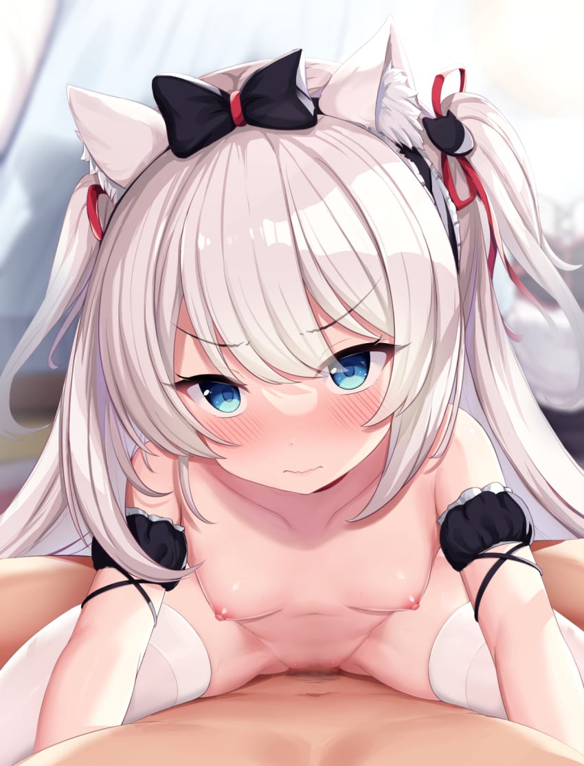 1boy 1girls animal_ears azur_lane black_bow blue_eyes blush bow breasts cat_ears censored collarbone cowgirl_position hairbow hammann_(azur_lane) highres light-skinned_female light-skinned_male light_skin love_makira navel nipples nude open_mouth penis petite pov pussy sex small_breasts solo_focus straddling straight two_side_up white_hair