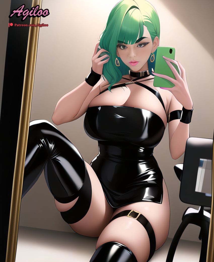 agiloo ai_generated choker earrings female female_only green_hair latex latex_dress latex_thighhighs light-skinned_female mirror mirror_selfie pale-skinned_female selfie solo solo_female voluptuous