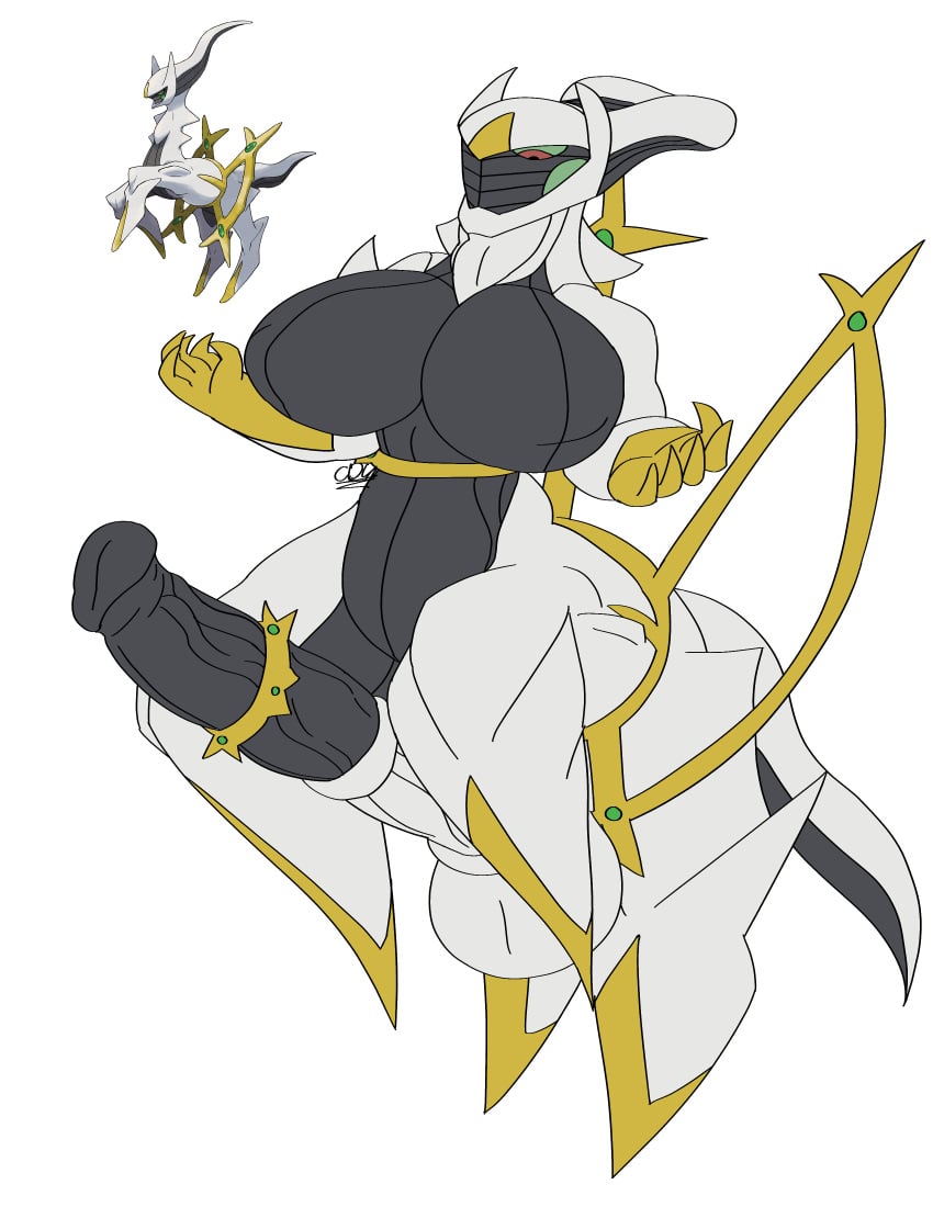 1futa 4_legs animal_genitalia anthro arceus balls black_body breasts cdk claws cock_ring cursed digital_media_(artwork) erection futa_only futanari god gold_(metal) gold_accents green_eyes horsecock horsecock_futanari huge_breasts huge_cock large_balls large_breasts no_nipples nude penis pokemon reference_image rule_63 slightly_cursed solo solo_futa standing tail taur twitch_lines two_tone_body watermark white_body