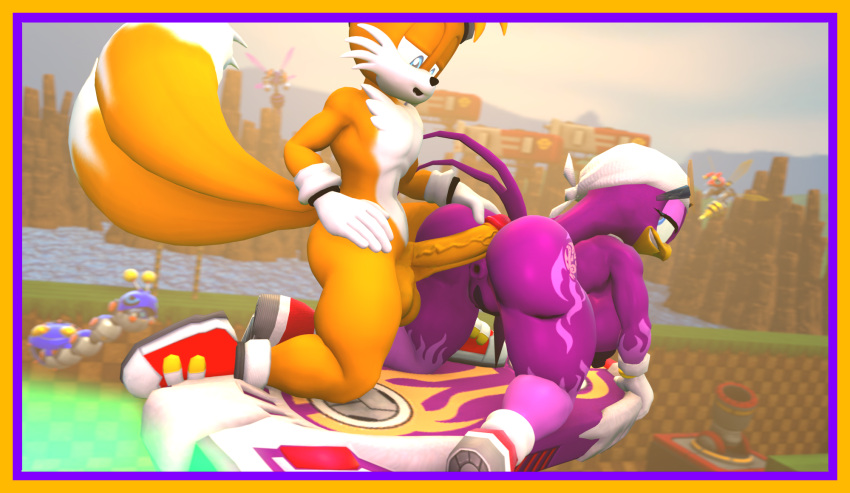 anthro extreme_gear floating fox imminent_sex older_female reverse_suspended_congress sarahdellen sonic_(series) sonic_the_hedgehog_(series) stand_and_carry_position sunglasses sunglasses_on_head swallow_(bird) tails tattoo wave_the_swallow younger_male