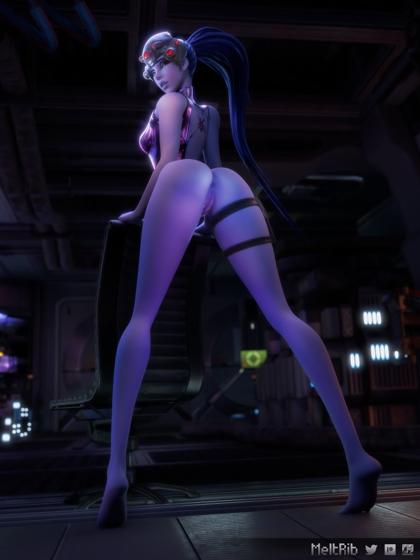 1girls 3d anus ass big_ass blue_hair breasts chair colored_skin female from_behind head-mounted_display hi_res legs long_hair long_legs looking_at_viewer looking_back meltrib naked overwatch overwatch_2 ponytail purple_eyes purple_hair purple_skin pussy rose_petals short_sleeves solo standing thick_ass thighs tiptoes widowmaker wristband