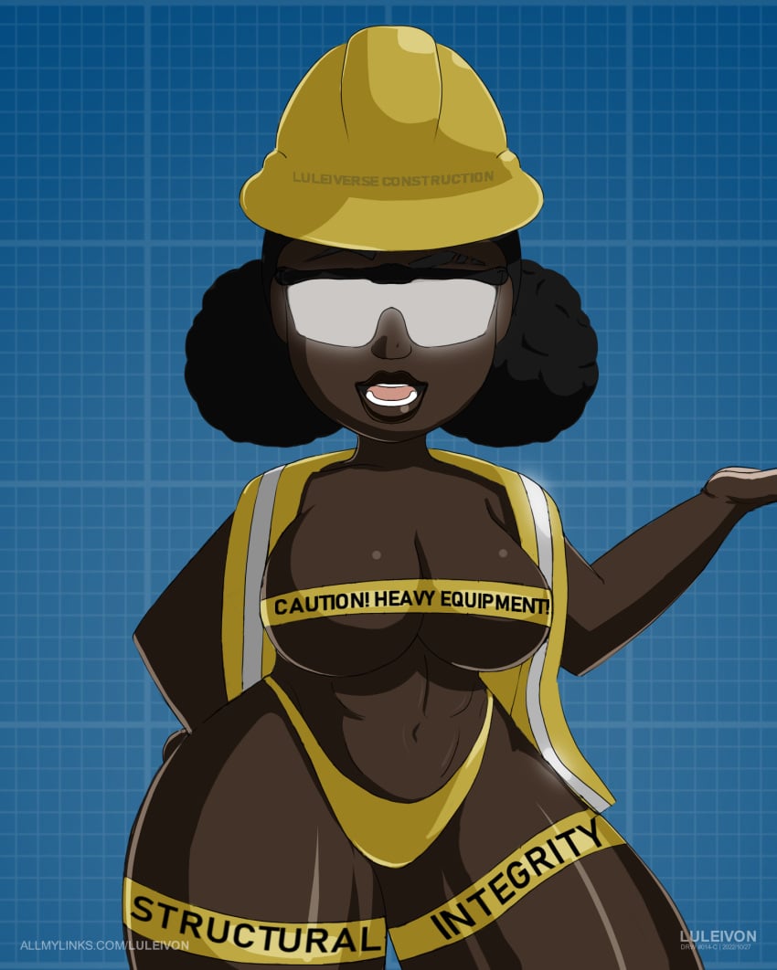 1girls abs afro_puffs background belly bewitching_thighs big_breasts blueprint blueprints breasts brickhouse caution_sign caution_tape chibi construction_helmet construction_worker costume curvy curvy_female cyborg_girl dark-skinned_female dark_skin female female_focus female_only functionally_nude glossy_lips goggles hartman_hips legs looking_at_viewer lucinia_acheampong luleiverse luleivon mascot original original_character safety_goggles safety_vest shiny_skin shortstack solo solo_female tape text_on_body thick_hips thick_thighs very_dark_skin warning_sign wide_hips