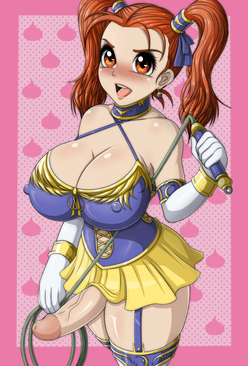 1futa alternate_costume arm_gloves big_breasts big_penis blush bottomless breasts brown_eyes clothed clothing divine_bustier dominant dominant_female dragon_quest dragon_quest_viii earrings erect_nipples erect_nipples_under_clothes erection futa_only futanari gloves gold_(metal) hair hair_ornament hair_ribbon hairband human jessica_albert large_breasts large_penis leggings lettucehead light-skinned_futanari light_skin lingerie lipstick mostly_clothed nipple_bulge nipples orange_hair pale_skin penis penis_out pink_background red_hair self_upload shiny_skin short_skirt skirt solo square_enix standing stockings thick_thighs thighhighs tights twintails whip white_gloves