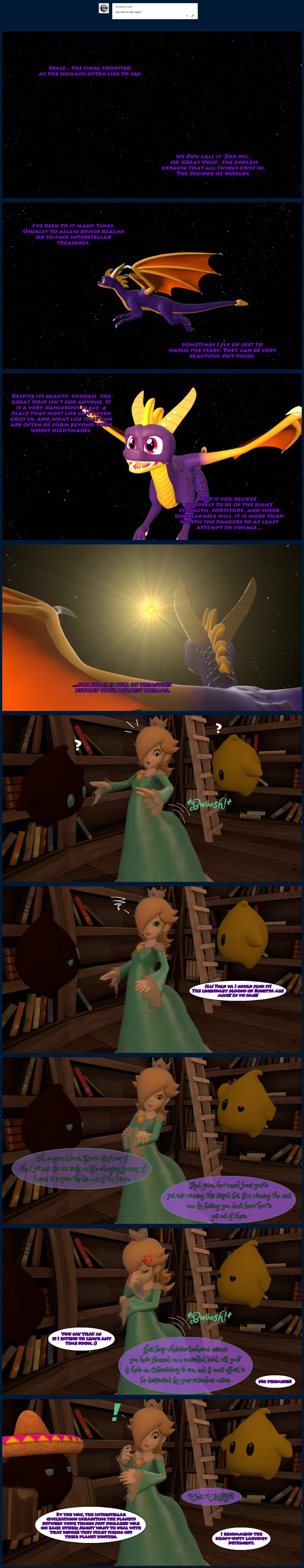 alien annoyed ask_blog bookshelf comic crossover dragon dress fetish floating flying galaxy garry's_mod hiding_in_dress human library luma mario_(series) outer_space polari princess_rosalina space spyro spyro_reignited_trilogy spyro_the_dragon suggestive super_mario_galaxy trapped_in_clothing tyrakathedragonfan under_dress under_skirt