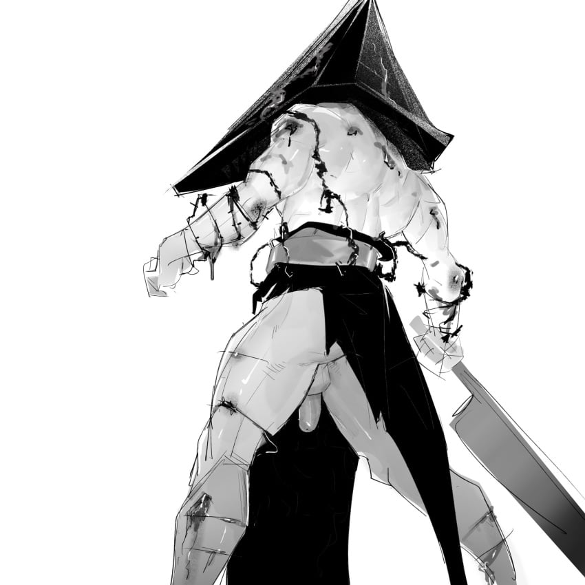 apron ass back_muscles backsack balls bara barbed_wire blood caiothevici dead_by_daylight flaccid male male_only monochrome muscles muscular muscular_male no_underwear penis pyramid pyramid_head rear_view silent_hill sketch solo uncensored waist_apron