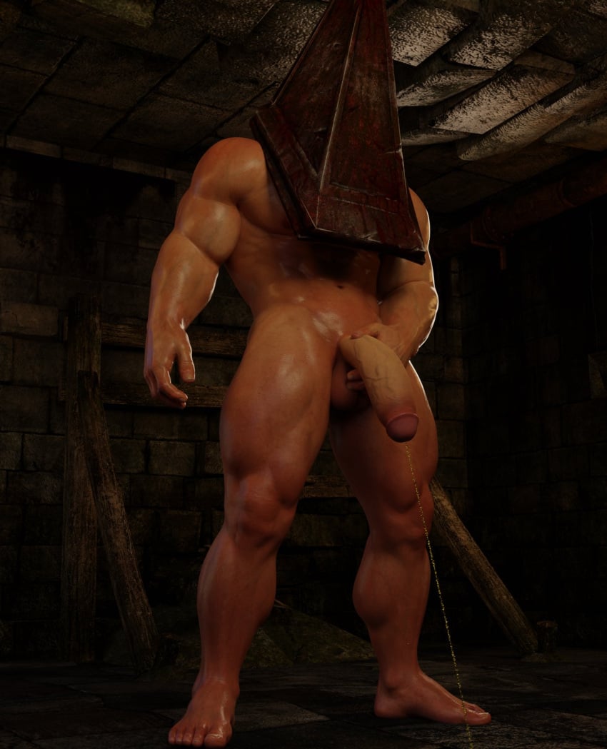 3d 3d_(artwork) balls bara big_penis gay male male_only muscles muscular peeing penis pyramid pyramid_head silent_hill silent_hill_2 solo solo_male urination urine voluox