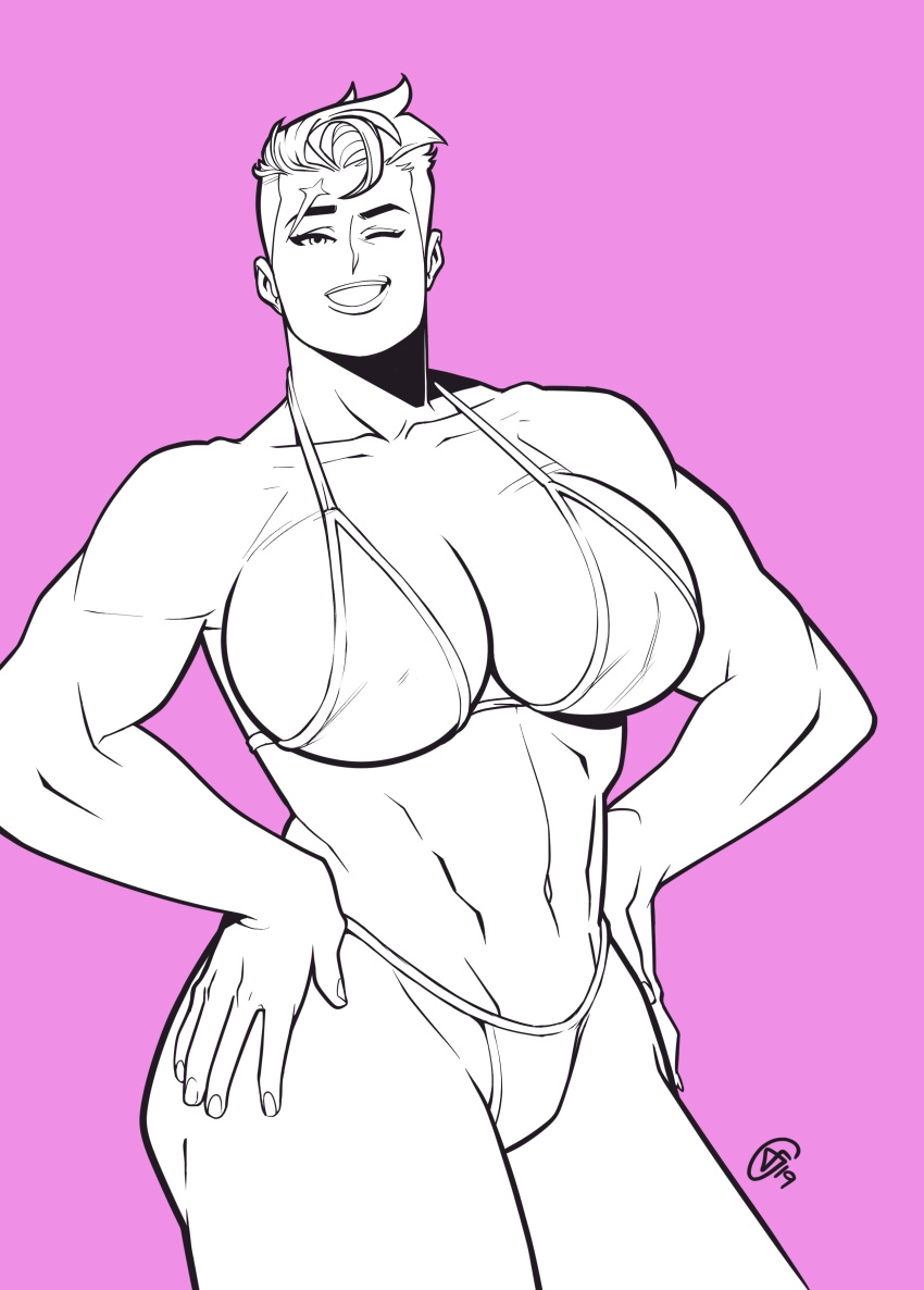 2d bikini blizzard_entertainment breasts cleavage female freeglass large_breasts muscles muscular muscular_female navel overwatch scar smile solo thong wink zarya