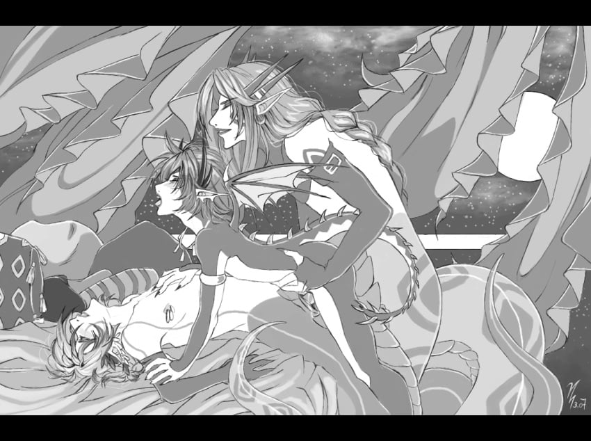 3boys anal arched_back artist_request bat_wings demon demon_boy gay girly group_sex horns lamia male male_only monochrome monster monster_boy multiple_boys naga nepi penis petite pointy_ears size_difference snake tail threesome wings yaoi