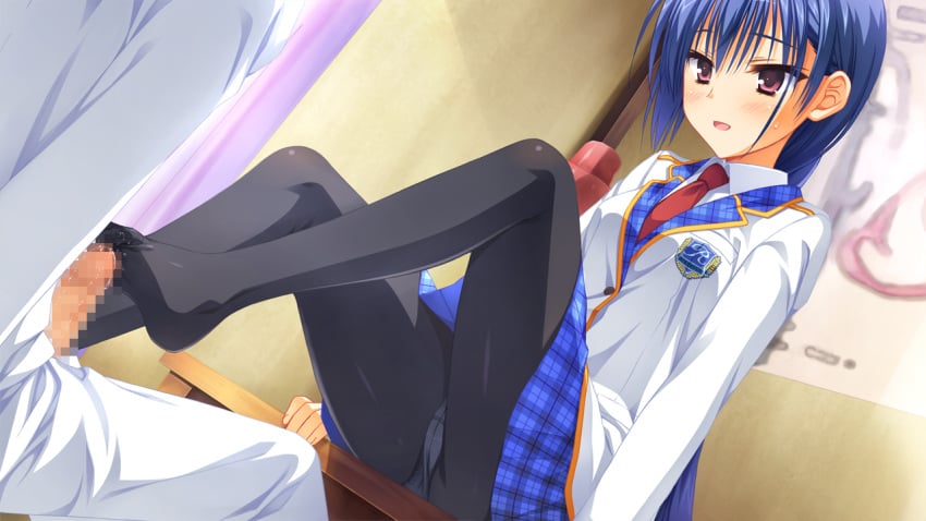 blue_hair blush censored game_cg muririn nagamitsu_maya noble_works panties pantyhose penis pink_eyes seifuku underwear