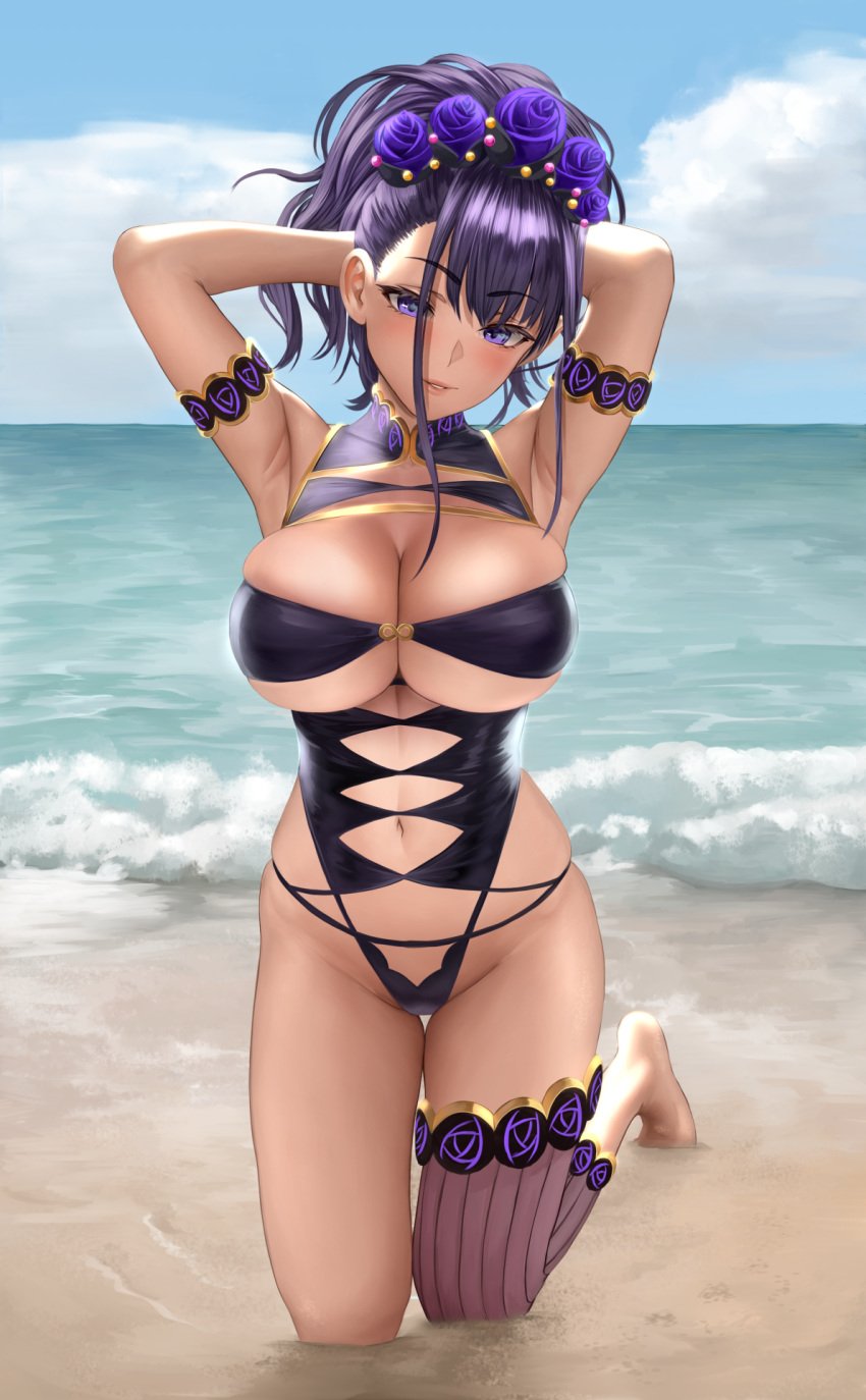 1girls armband armpits arms_behind_back arms_behind_head arms_up bangs barefoot beach big_breasts blush blushing_at_viewer breasts cleavage cloud clouds day fate/grand_order fate_(series) female female_focus female_only flower gold_trim hair_flower hair_ornament head_tilt hi_res high_resolution highleg highleg_swimsuit highres kneeling large_breasts light-skinned_female light_skin long_hair looking_at_viewer murasaki_shikibu_(fate) murasaki_shikibu_(swimsuit_rider)_(fate) murasaki_shikibu_(swimsuit_rider)_(first_ascension)_(fate) one-piece_swimsuit open_mouth purple_eyes purple_hair sand see-through shaved_armpit single_thighhigh skin_tight sky solo solo_female solo_focus swimsuit teeth thighhighs water waves yamaneko_(tkdrumsco)