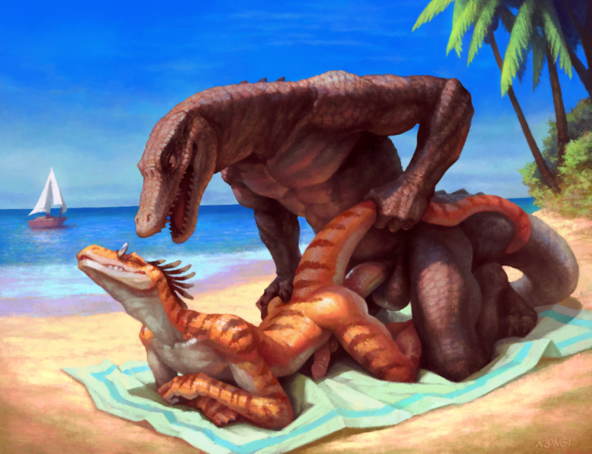 alligator alligatorid anal anal_sex anthro balls beach beach_towel big_dom_small_sub boat crocodilian day dinosaur dominant dromaeosaurid duo genitals klongi lying male male/male male_penetrated male_penetrating male_penetrating_male nude on_front open_mouth outside palm_tree penetration plant reptile sailing_boat sailing_watercraft sand scalie sea seaside sex sharp_teeth size_difference sky smaller_penetrated tail_grab teeth theropod towel tree vehicle velociraptor water watercraft