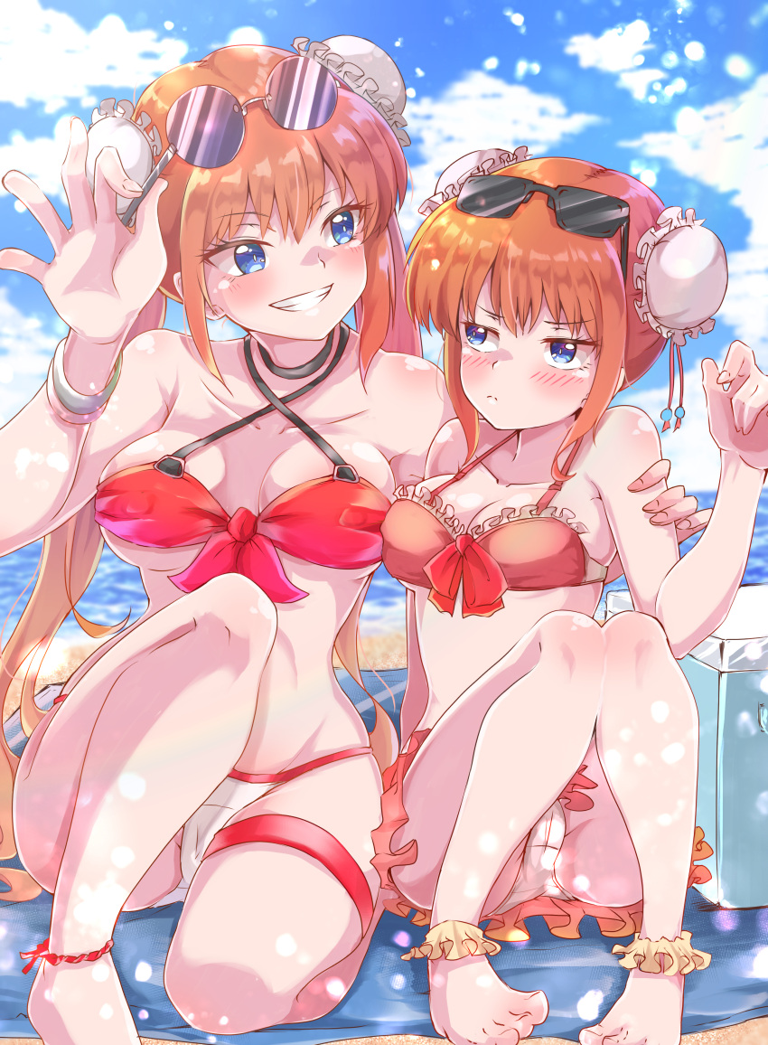 2girls age_difference aged_up alternate_costume ankle_cuffs anklet barefoot beach bikini blue_eyes blush bracelet bun_cover cameltoe cleavage double_bun dual_persona female female_only frilled_bikini frills frown full_body gintama grin hair_ornament kagura_(gintama) knees_up legs_up long_hair looking_at_another medium_breasts multiple_girls orange_hair outside red_bikini shinonome_mozuku sitting small_breasts smile sunglasses sunglasses_on_head swimsuit thigh_strap time_paradox twintails underboob