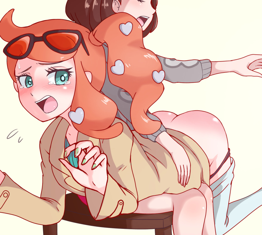 2girls ass bending_over blush brown_hair chair coat crying gloria_(pokemon) green_eyes multiple_girls nintendo orange_hair otk_spanking over_the_knee_spanking panties pants pants_down pinkiri pinkiri_(jawking) pokemon pokemon_ss ponytail short_hair sonia_(pokemon) spanking sunglasses sunglasses_on_head sweat tears