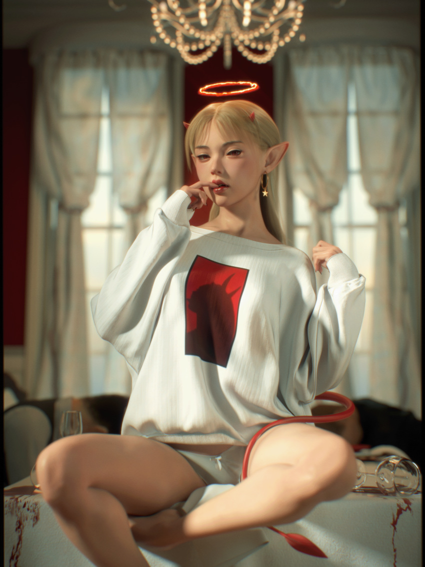 1girls 2022 2boys 3d blonde_hair blood clothed clothing corpse depth_of_field earrings elf_ears female female_focus halo horn indoors lipstick long_tail looking_at_viewer male multiple_boys panties red_eyes red_lipstick seated shirt shoelac3 sitting tail white_panties wine_glass