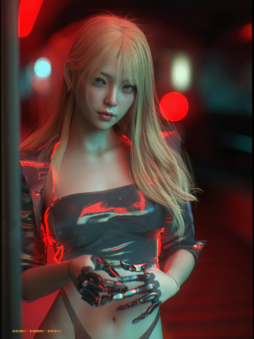 1girls 2022 3d blonde_hair clothed clothing depth_of_field earrings female female_only long_hair looking_at_viewer mechanical_hand prosthetic prosthetic_hand robotic_hand sci-fi science_fiction shoelac3 solo solo_female standing