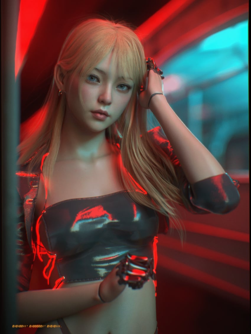 1girls 2022 3d blonde_hair clothed clothing depth_of_field earrings female female_only long_hair looking_at_viewer mechanical_hand prosthetic prosthetic_hand robotic_hand sci-fi science_fiction shoelac3 solo solo_female standing