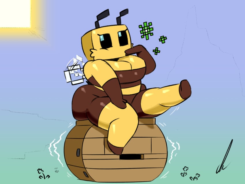 1girls 4:3 antennae anthro ass bee bee_(minecraft) bee_girl beehive big_ass blue_eyes breasts commission flower fur hi_res minecraft mouthless overweight pierump shortstack signature simple_background solo stinger thick_thighs wide_hips wings