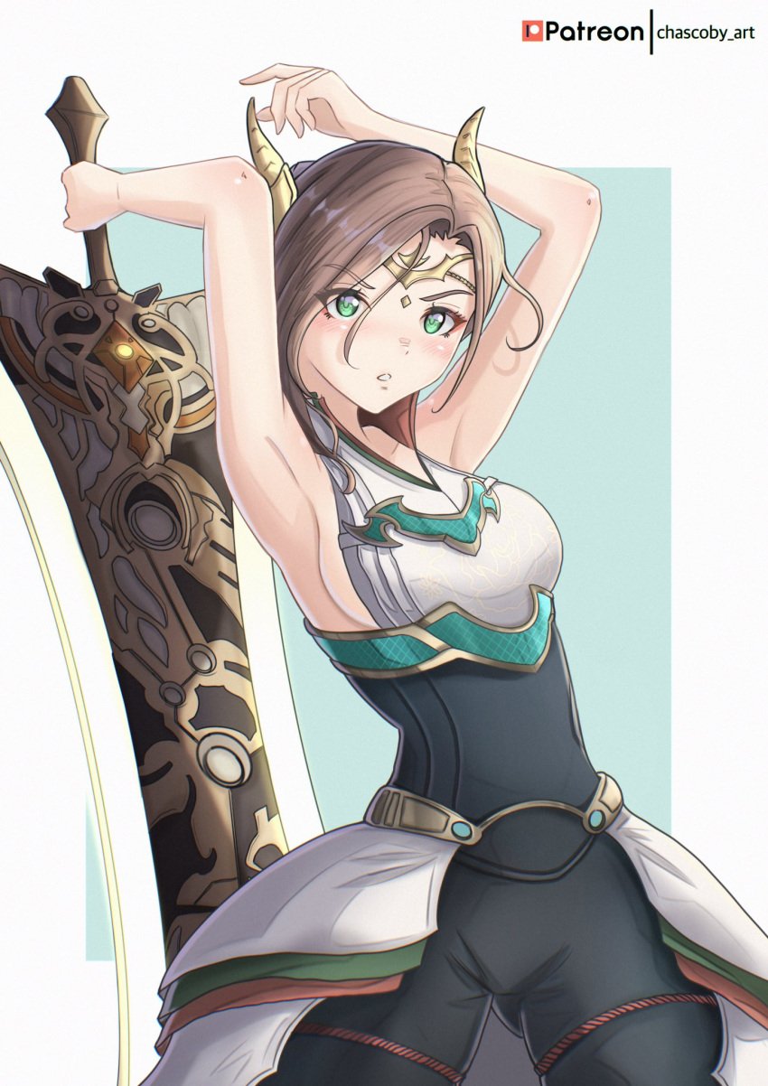 1girls alexandria_(xenoblade) armpits arms_up bare_arms bare_shoulders black_bodysuit black_legwear boots braid breasts brown_hair chascoby french_braid green_eyes highres hips holding_weapon light-skinned_female long_hair medium_breasts nintendo pale-skinned_female sideboob sleeveless slim_waist solo solo_female thick_thighs thigh_boots thighhighs thighs voluptuous weapon wide_hips xenoblade_(series) xenoblade_chronicles_3