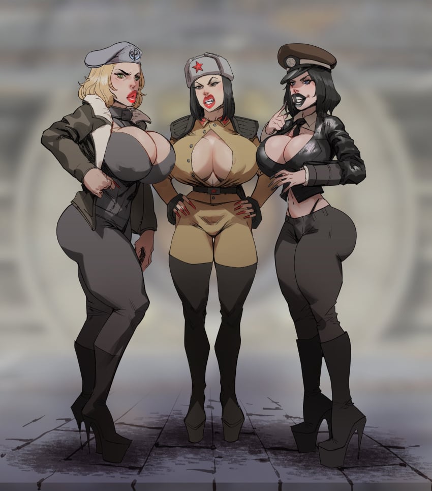 3girls army_hat army_uniform asian bethesda_softworks bimbo black_hair black_lipstick blonde_hair blue_eyes brotherhood_of_steel cleavage enclave fallout fallout_76 green_eyes high_heels huge_breasts long_nails looking_at_viewer millennium4ever original_character original_characters red_lipstick red_star shoulder_pads side_by_side stiletto_heels tortuga very_high_heels