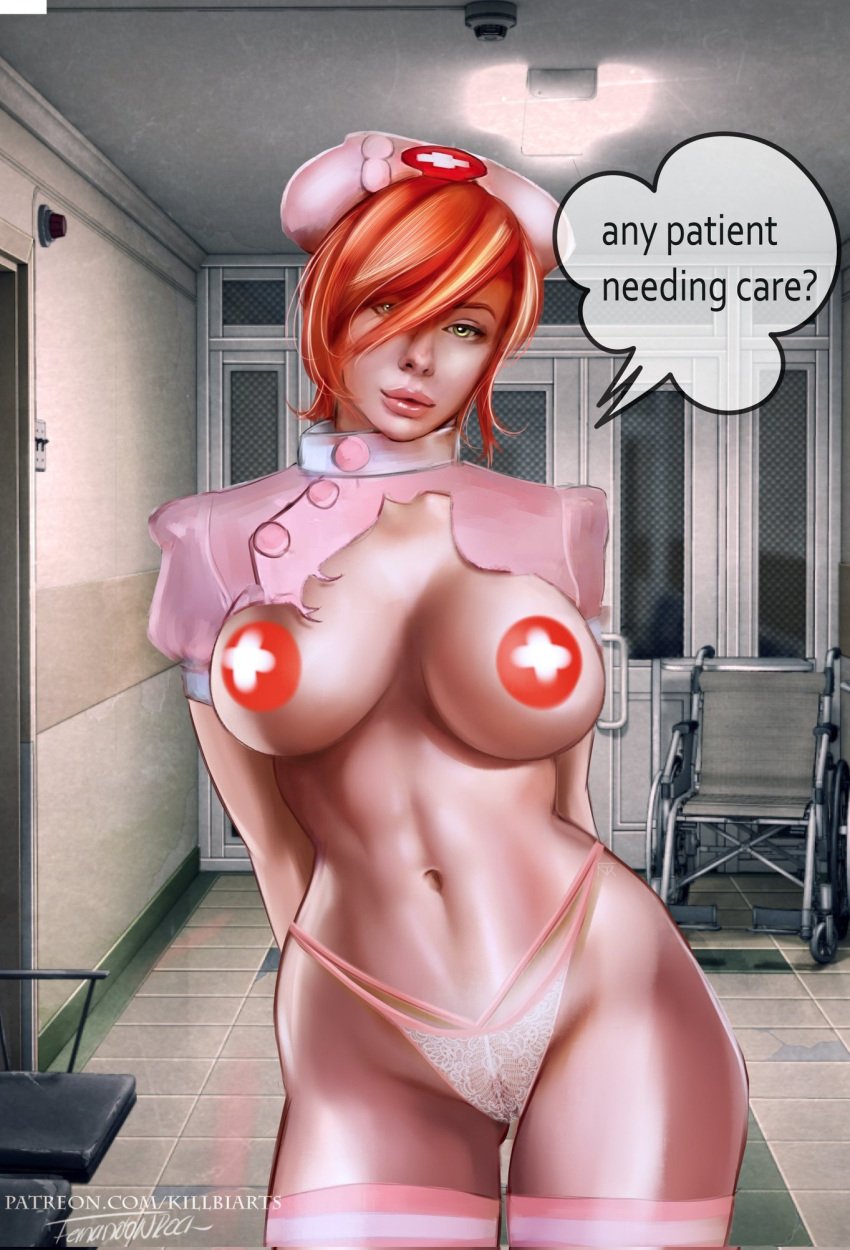 alternate_version_available egirl hospital indoors jenna_lynn_meowri killbiro lace-trimmed_panties meowri nurse orange_hair pink_dress real_person ripped_clothing skimpy_outfit text text_bubble thighhighs torn_dress wheelchair