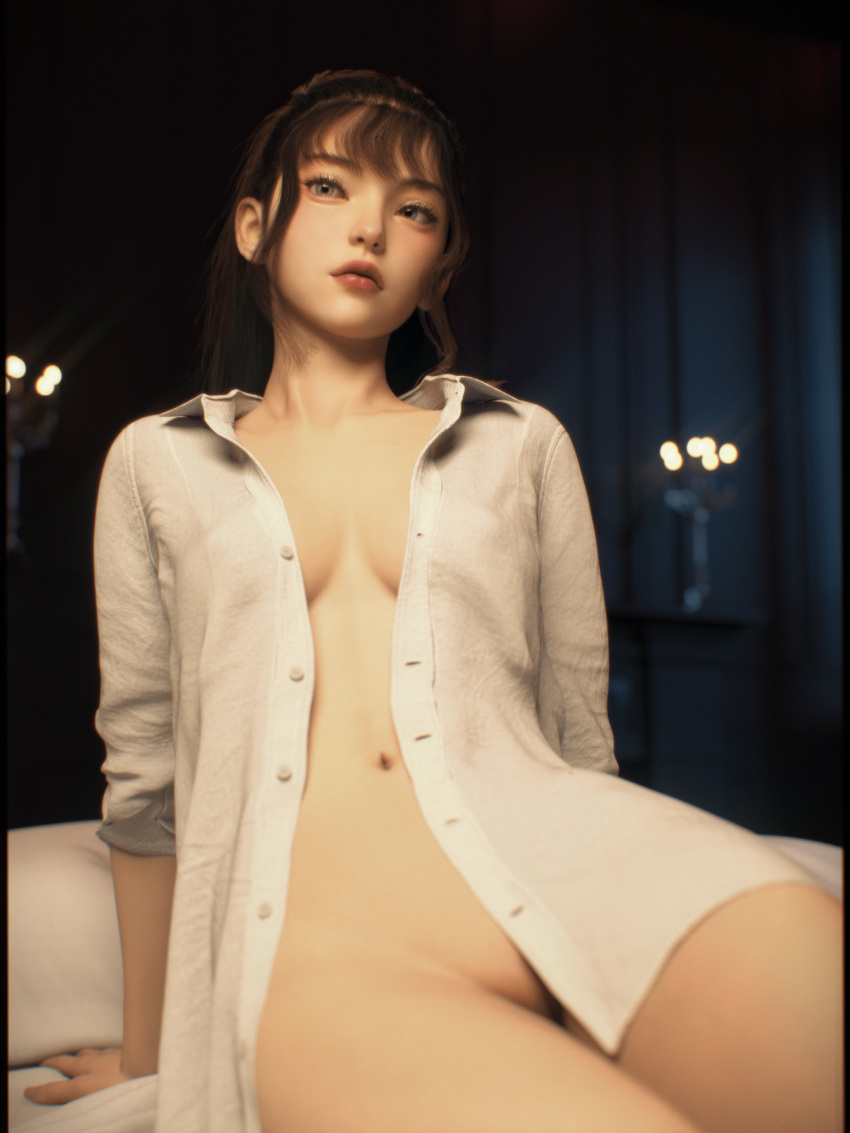 1girls 2022 3d blue_eyes bottomless bottomless_female brown_hair character_request cleavage depth_of_field female female_only indoors medium_breasts navel no_bra open_clothes open_shirt seated shoelac3 sitting solo white_shirt