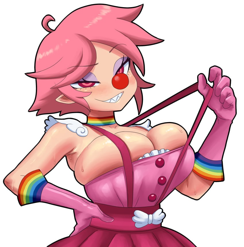 1girls ace_attorney big_breasts breasts cleavage clothing clown divine_wine female geiru_toneido geiru_toneido_(cosplay) gloves gyakuten_saiban huge_breasts las_demoniacas_desventuras_de_vampiranhya pink_hair red_eyes sharp_teeth short_hair smile solo solo_female vampiranhya vampiranhya_(artist) vampire_girl