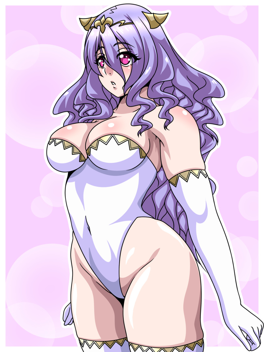 1girls arm_grab bare_thighs breasts camilla_(adrift)_(fire_emblem) camilla_(fire_emblem) female female_only fire_emblem fire_emblem_fates hair_between_eyes horns inabakun00 large_breasts leotard long_hair nintendo pink_eyes purple_hair solo thighhighs thighs white_leotard