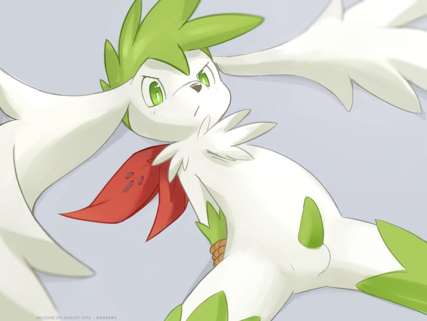 2022 ancesra anthro balls blush bound erection frown fur generation_4_pokemon genitals green_penis hi_res legendary_pokemon looking_down lying nintendo nude on_back penis pokemon pokemon_(species) pokemon_only rope shaymin sky_forme_shaymin solo tapering_penis video_games white_body white_fur