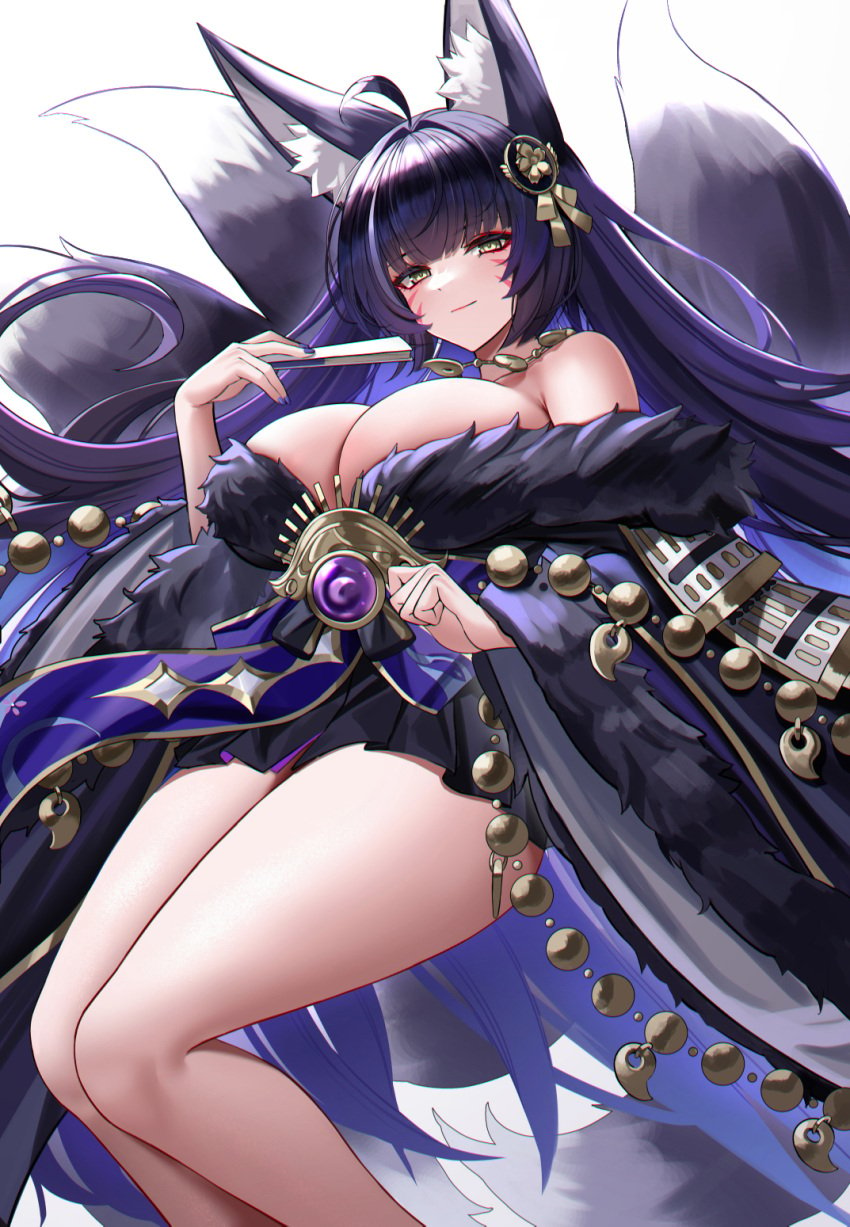 1girls animal_ear_fluff animal_ears azur_lane bangs bare_shoulders breasts eternity_(shadeh) female female_only fox_ears fox_girl fox_tail hair_ornament hand_fan highres japanese_clothes jewelry large_breasts long_hair long_sleeves looking_at_viewer musashi_(azur_lane) nail_polish necklace off_shoulder purple_hair purple_nails simple_background smile solo tail thighs very_long_hair yellow_eyes