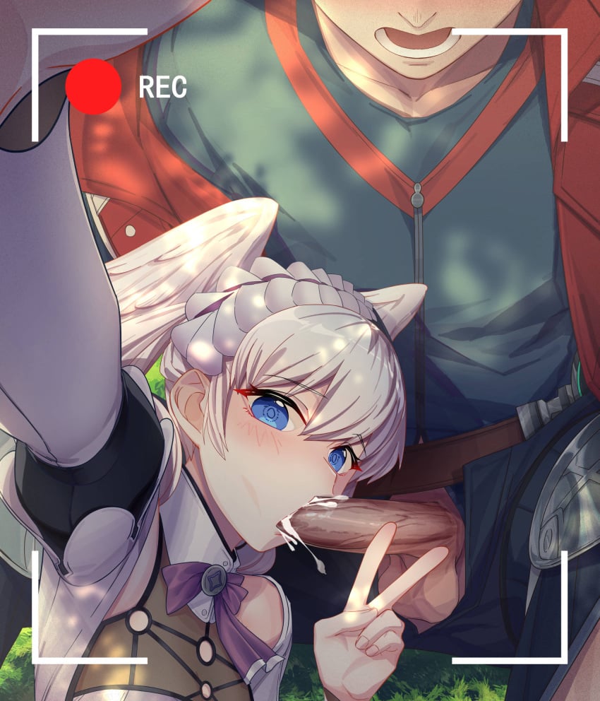 1boy 1girls absurdres bangs black_shorts blue_eyes cheating_(relationship) cum cum_in_mouth facing_viewer fellatio female grass green_shirt grey_hair head_wings highres ihavetwoooo jacket long_hair looking_at_viewer melia_antiqua netorare open_mouth oral outdoors penis red_jacket selfie selfie_with_penis shirt shorts shulk_(xenoblade) straight uncensored v white_wings wings xenoblade_(series) xenoblade_chronicles