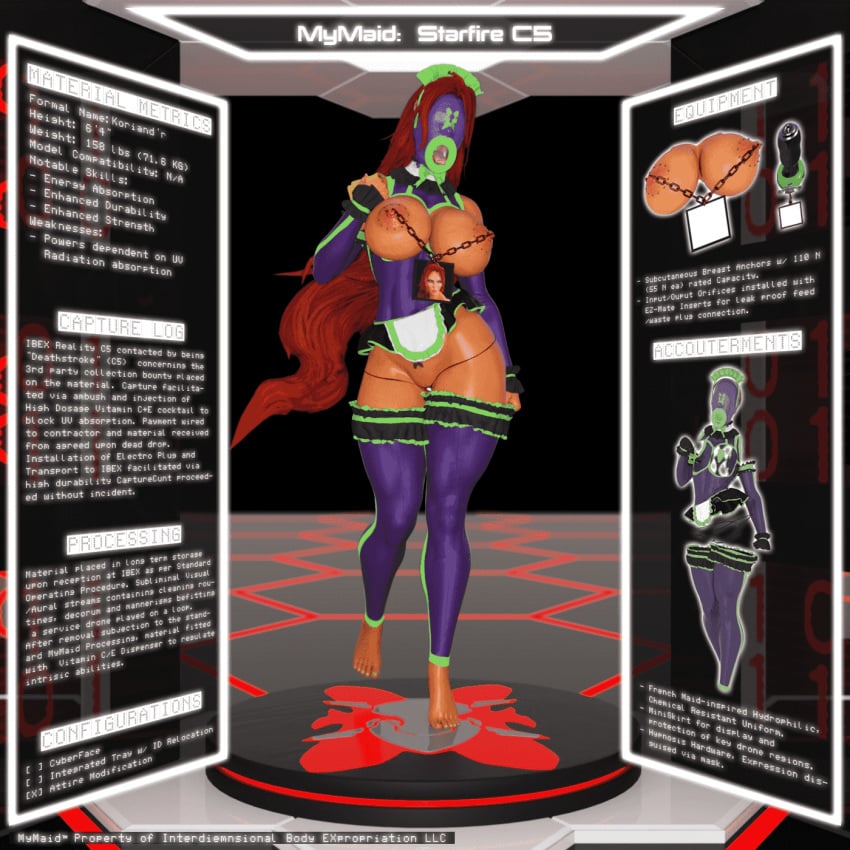 1girls 3d 3d_(artwork) animated barefoot big_breasts chains corruption dark-skinned_female dark_skin dc dc_comics drone english_text exposed_breasts female female_only ibex-cg maid maid_headdress mask masked_female mind_break mymaid_(ibex) nipple_piercing red_hair solo starfire stockings teen_titans thick_thighs tongue_out turntable_(animation) voluptuous