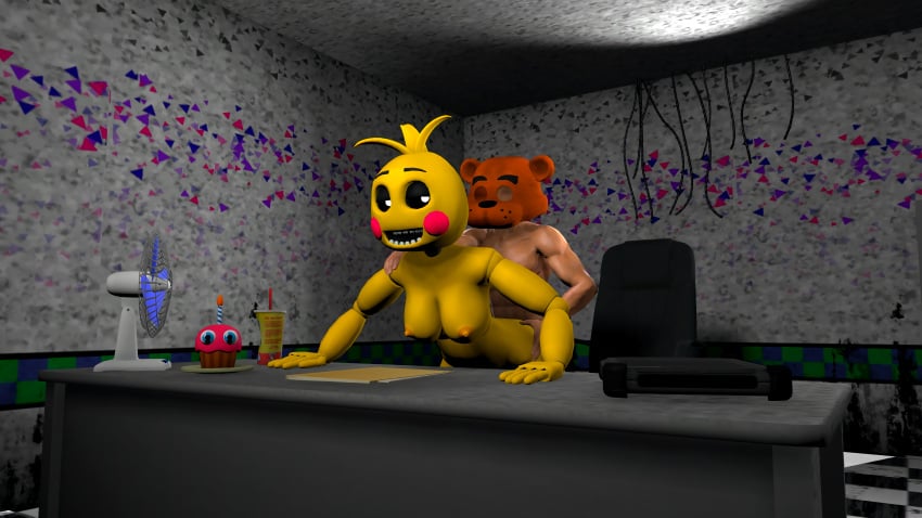 1boy 3d accurate_art_style breasts chair cupcake_(fnaf) desk drink fan female file files five_nights_at_freddy's freddy_mask_(fnaf) mask nude sex soda source_filmmaker straight tablet toy_chica_(classic) toy_chica_(fnaf)