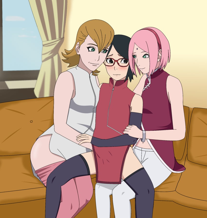 3girls adult age_difference assisted_masturbation between_legs black_eyes black_hair blonde_hair blush boruto:_naruto_next_generations clothed_sex couch daughter dress eyewear family family_sex female female/female/female female_only fff fff_threesome fingering_partner fingering_under_clothes gilf glasses granddaughter grandmother grandmother_and_granddaughter green_eyes hand_under_clothes haruno_mebuki implied_fingering implied_vaginal incest indoors lesbian_sex looking_at_another looking_at_partner milf mother mother_and_daughter multiple_girls naruto naruto_(series) naruto_shippuden older_female optimystic pants pants_down pants_pulled_down petite pink_hair sakura_haruno sarada_uchiha sitting sitting_on_lap sitting_on_person teenager threesome younger_female yuri