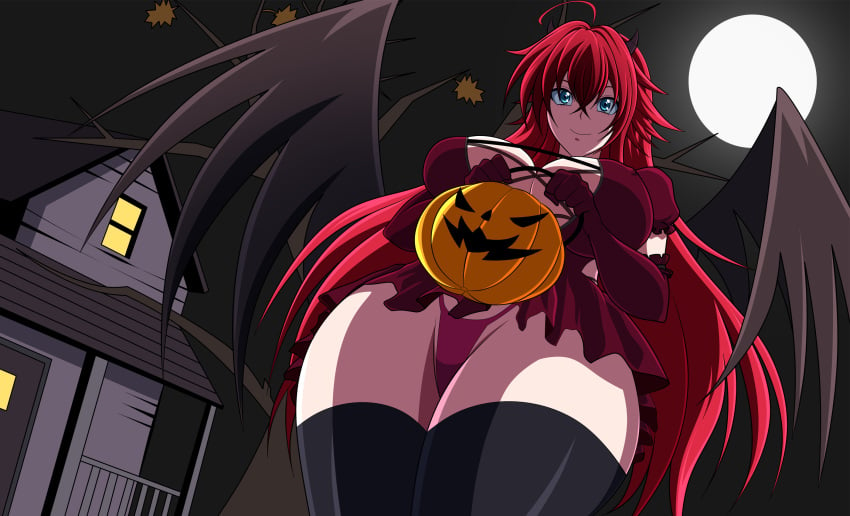 1girls 2022 anime_style big_breasts black_thighhighs blue_eyes breasts color colored costume demon_girl demon_horns demon_wings devil devil_costume devil_horns female female_only from_below full_moon halloween halloween_2022 halloween_costume haunted_house high_school_dxd horn horns huge_breasts large_breasts neighborhood night nipples nipples_visible_through_clothing oldhorrorz point_of_view pumpkin red_dress red_hair red_thong rias_gremory short_dress solo succubus_horns thick_thighs thong trick_or_treat trick_or_treatment underwear wide_hips wings