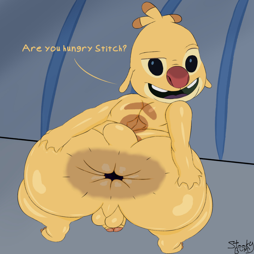 anthro anus ass balls big_butt black_eyes disney genitals hi_res lilo_and_stitch looking_at_viewer looking_back male male_only penis purple_tongue red_nose reuben_(lilo_and_stitch) solo spread_butt spreading stookybum tan_spots text thick_thighs tongue yellow_body