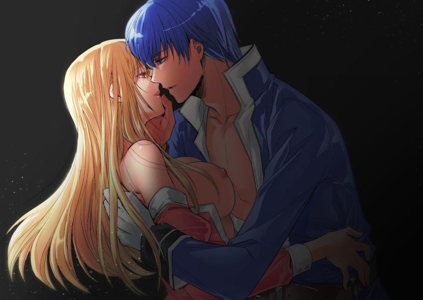 1boy 1girls blonde_hair blue_coat blue_hair breasts coat finn_(fire_emblem) fire_emblem fire_emblem:_genealogy_of_the_holy_war gloves imminent_kiss imminent_sex lachesis_(fire_emblem) large_breasts long_hair looking_at_another nintendo partially_clothed source_request taking_clothes_off tori_ko uncensored undressing white_gloves