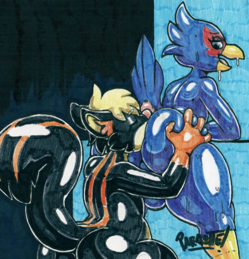 2022 anal anthro ass avian big_butt blue_body blue_feather_hair blue_feathers blue_skin bodily_fluids butt_focus butt_grab deep_rimming duo falco_lombardi fan_character feathers girly glistening glistening_body glistening_skin hand_on_butt hi_res interspecies looking_back looking_pleasured male male/male mammal mephitid nintendo nude oral parasitedeath rimming sex skunk star_fox sweat sweaty_butt sweaty_legs tagme thick_thighs traditional_media_(artwork) video_games