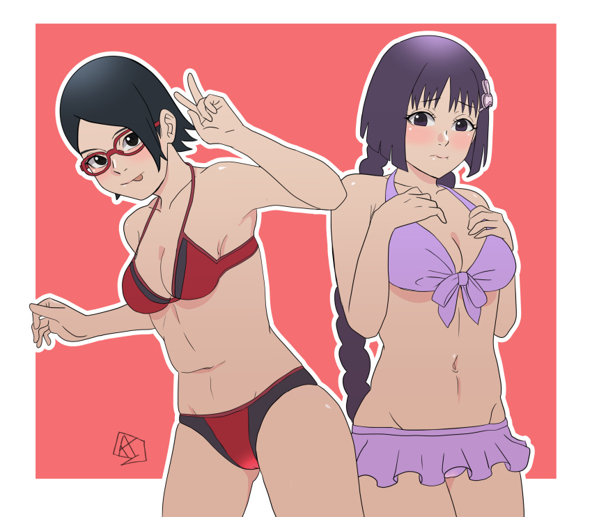 2girls adapted_costume aldwelter bare_shoulders bikini black_eyes black_hair blunt_bangs blush boruto:_naruto_next_generations braided_twintails braids breasts busty cleavage collarbone embarrassed eyewear female female_only glasses hair_ornament hairclip hime_cut kakei_sumire matching_hair/eyes megane midriff multiple_girls naruto naruto_(series) navel pelvic_line petite purple_eyes purple_hair sarada_uchiha short_hair shy small_but_busty swimsuit teenage_girl teenager twintails