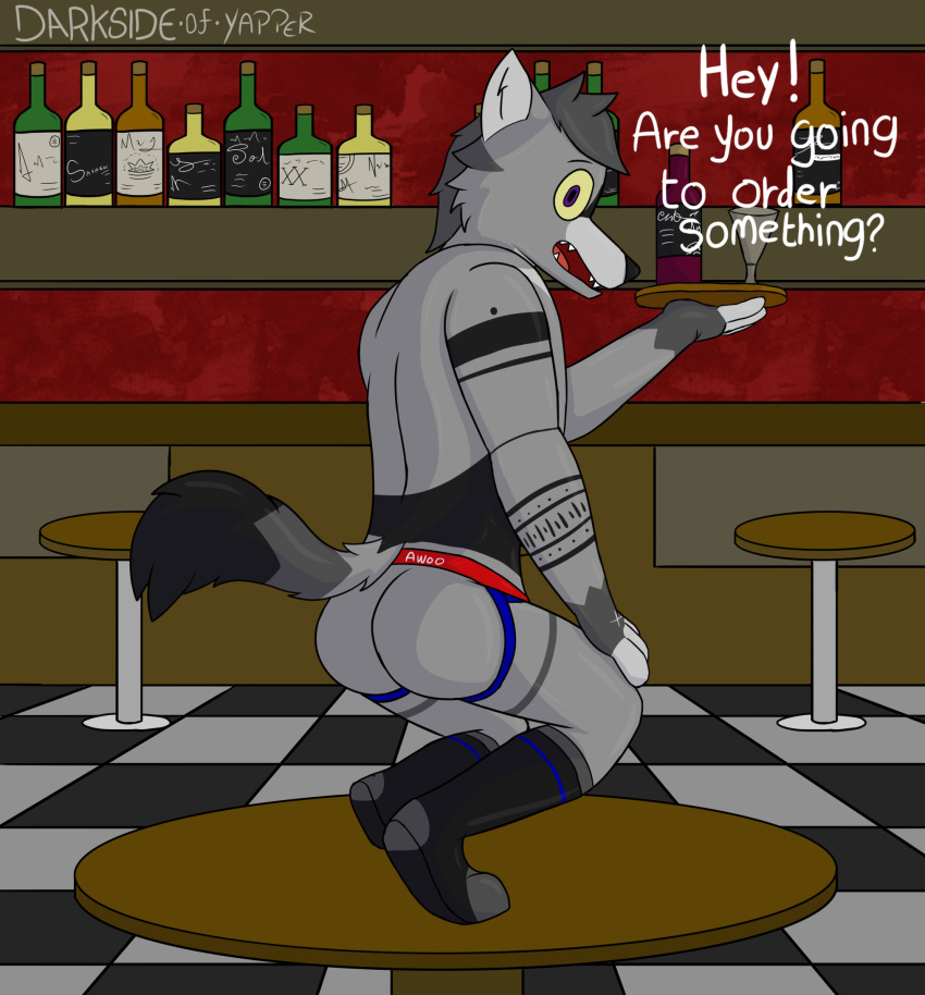 anthro ass bar canid canine canis clothing darkyapper footwear furniture grey_body hi_res jockstrap male male/male mammal mexican_wolf smile socks solo table tail underwear waiter wolf yeik_ancient