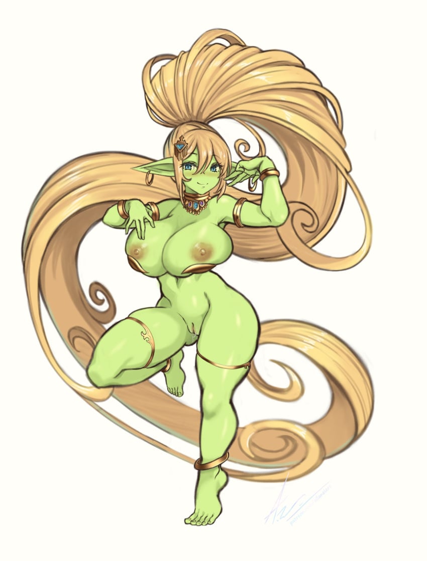 1girls 5_fingers 5_toes absurd_res allanel belly big_breasts big_ears breasts dancing feet female female_only fingers genitals goblin goblin_female green-skinned_female green_skin hair hi_res humanoid long_hair monster_girl pussy shortstack solo toes