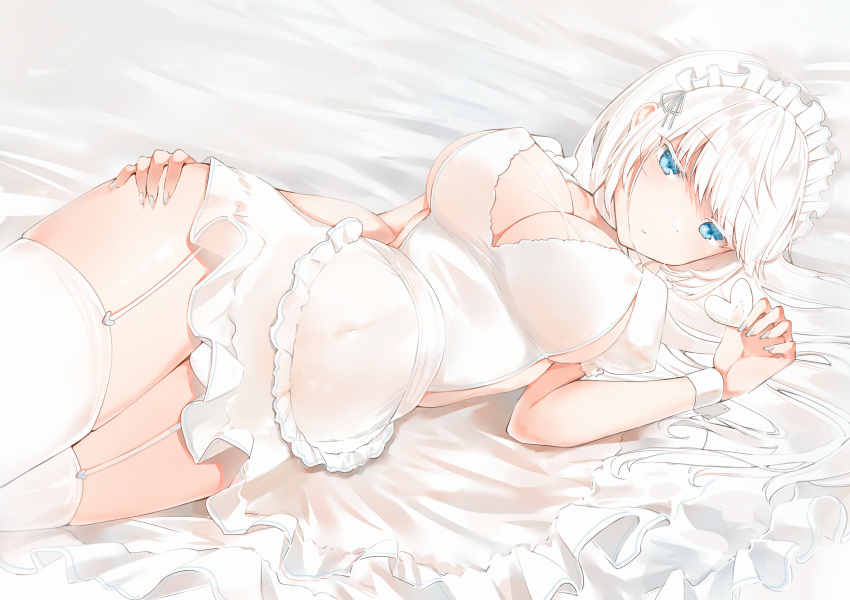 1girls absurdres apron bangs bed_sheet blue_eyes blush breasts choker cleavage dress female frilled_dress frills garter_straps hand_on_hip highres large_breasts long_hair looking_at_viewer lying maid_headdress nail_polish on_back original puffy_short_sleeves puffy_sleeves short_dress short_sleeves solo thighhighs waist_apron white_dress white_hair white_legwear white_nails wrist_cuffs yukineko1018