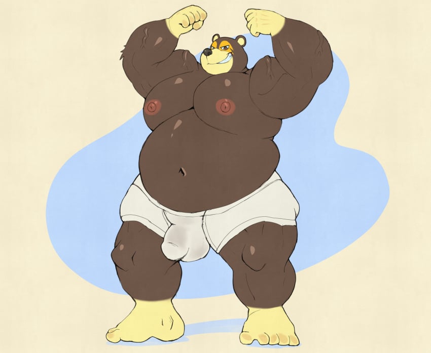 2022 absurd_res animal_crossing anthro balls_outline belly big_belly brown_body bulge clothing fur furry furry_only genital_outline hi_res humanoid_hands ike_(animal_crossing) inushishigami male male_only mammal moobs navel nintendo nipples overweight overweight_male penis_outline solo standing underwear ursid video_games