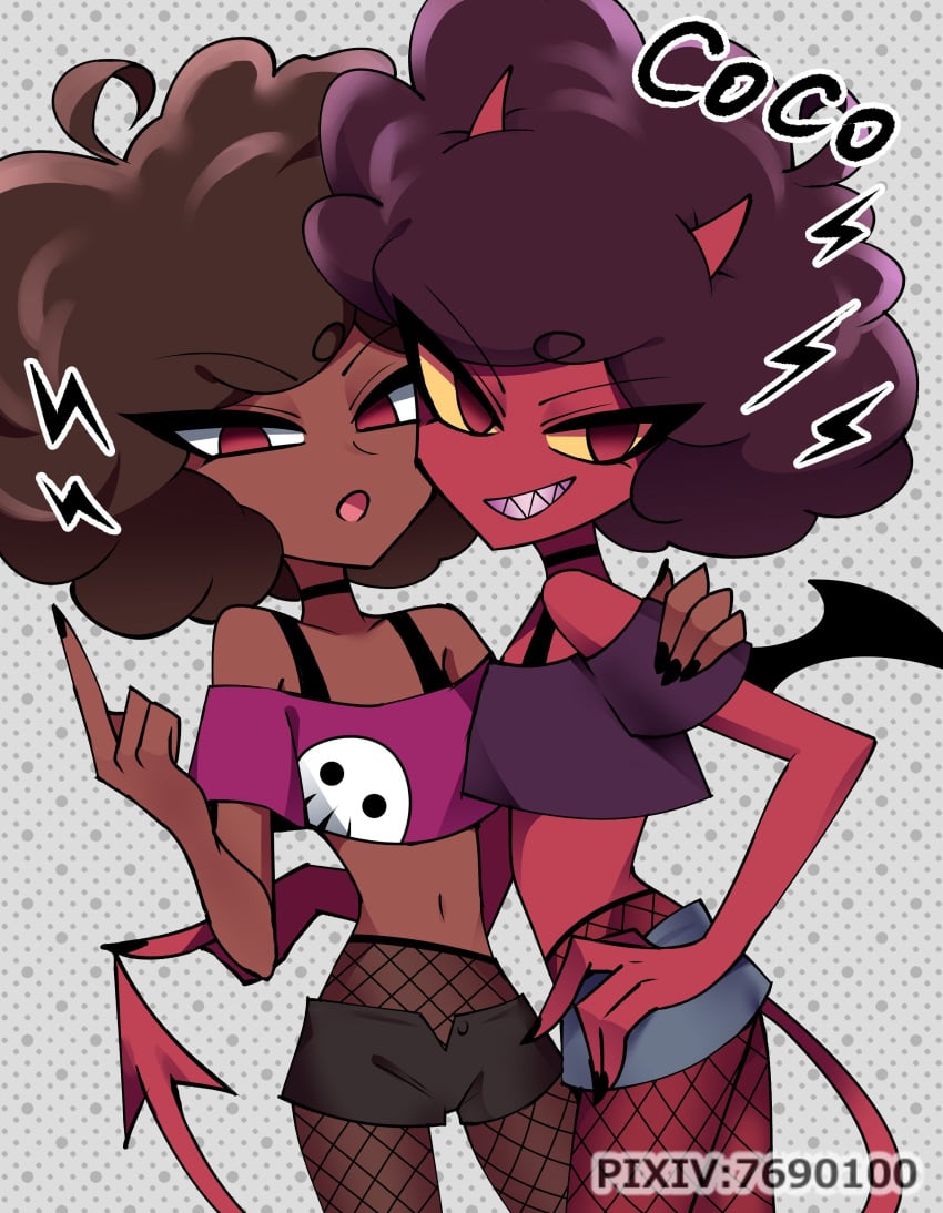 2demons 2girls afro black_choker black_nails bra_straps brown_hair choker coco_(helluva_boss) crop_top dark-skinned_female dark_skin demon_girl demon_horns demon_tail digital_media_(artwork) female fishnet_legwear fishnet_stockings helluva_boss hi_res human_coco human_form midriff multiple_girls pixiv_(7690100) red-skinned_female red_eyes red_skin sharp_teeth shorts smile smiling succubus succubus_horns succubus_tail succubus_wings vivienne_medrano vivziepop