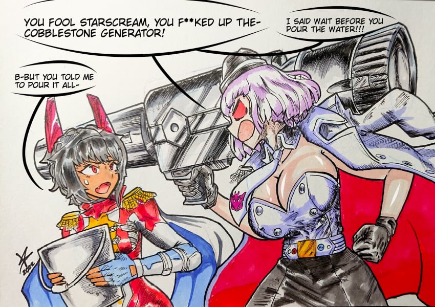 2girls angry angry_face big_breasts black_hair breasts bucket busty cannon cleavage clothing decepticon english_text female female_focus female_only fully_clothed grey_hair human humanformers humanization humanized large_breasts light-skinned_female megatron meme multiple_girls red_eyes rule_63 starscream tan-skinned_female text tight_clothing traditional_media_(artwork) transformers transformers_g1 ventis2099_(artist)