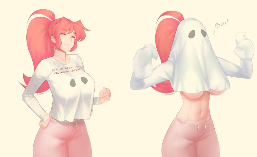 1girls big_breasts breasts closed_eyes english_text female female_only gaken_if ghost halloween halloween_costume hi_res human midriff navel original pants red_hair shirt t-shirt tagme underboob white_shirt